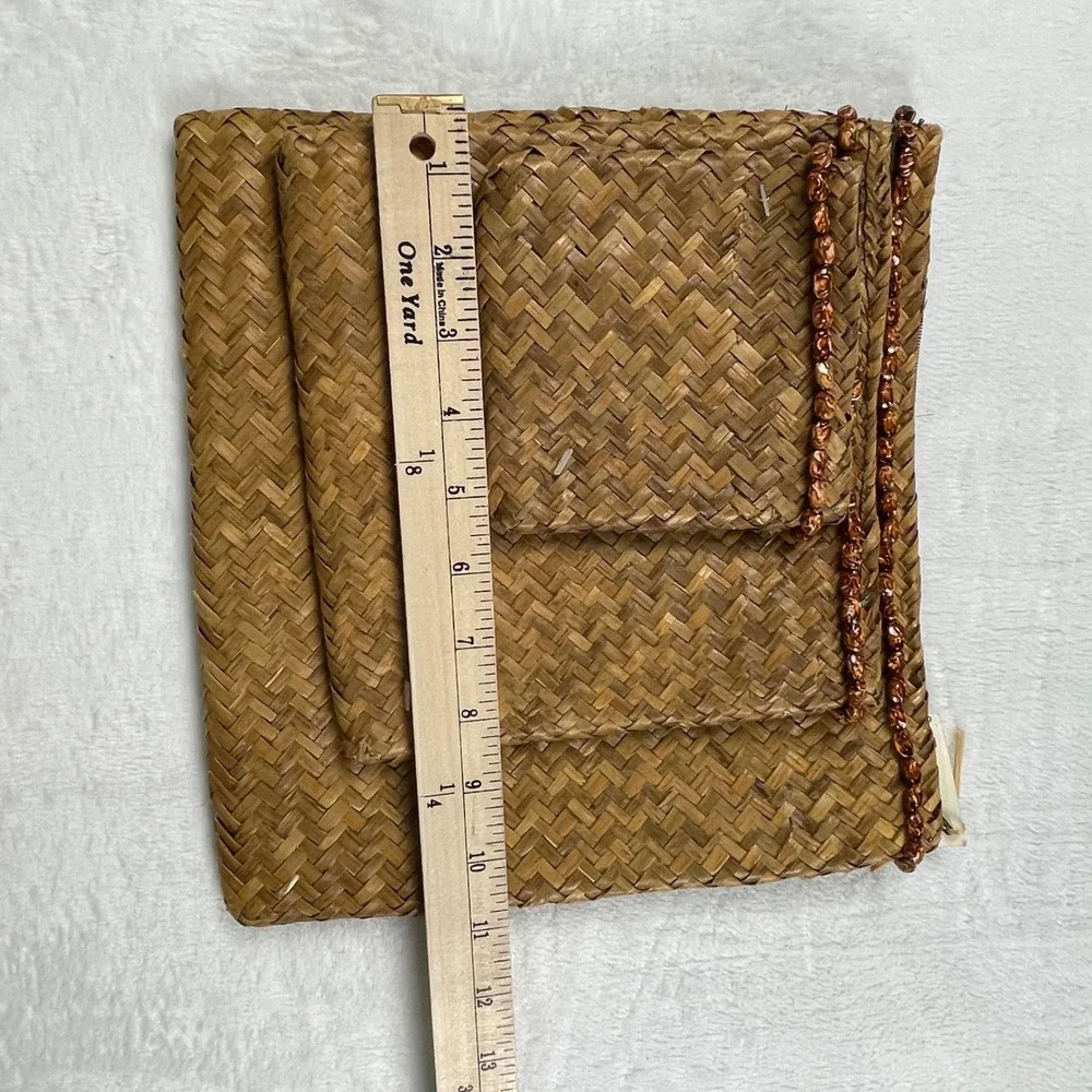 Pier 1 Imports Woven Straw Storage Pouches Set of 3 Brown Beaded Zipper NEW